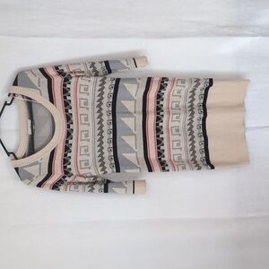 Cloudchaser Beige Print Stripe 3/4 Sleeve Sweater Dress Tunic Size Large